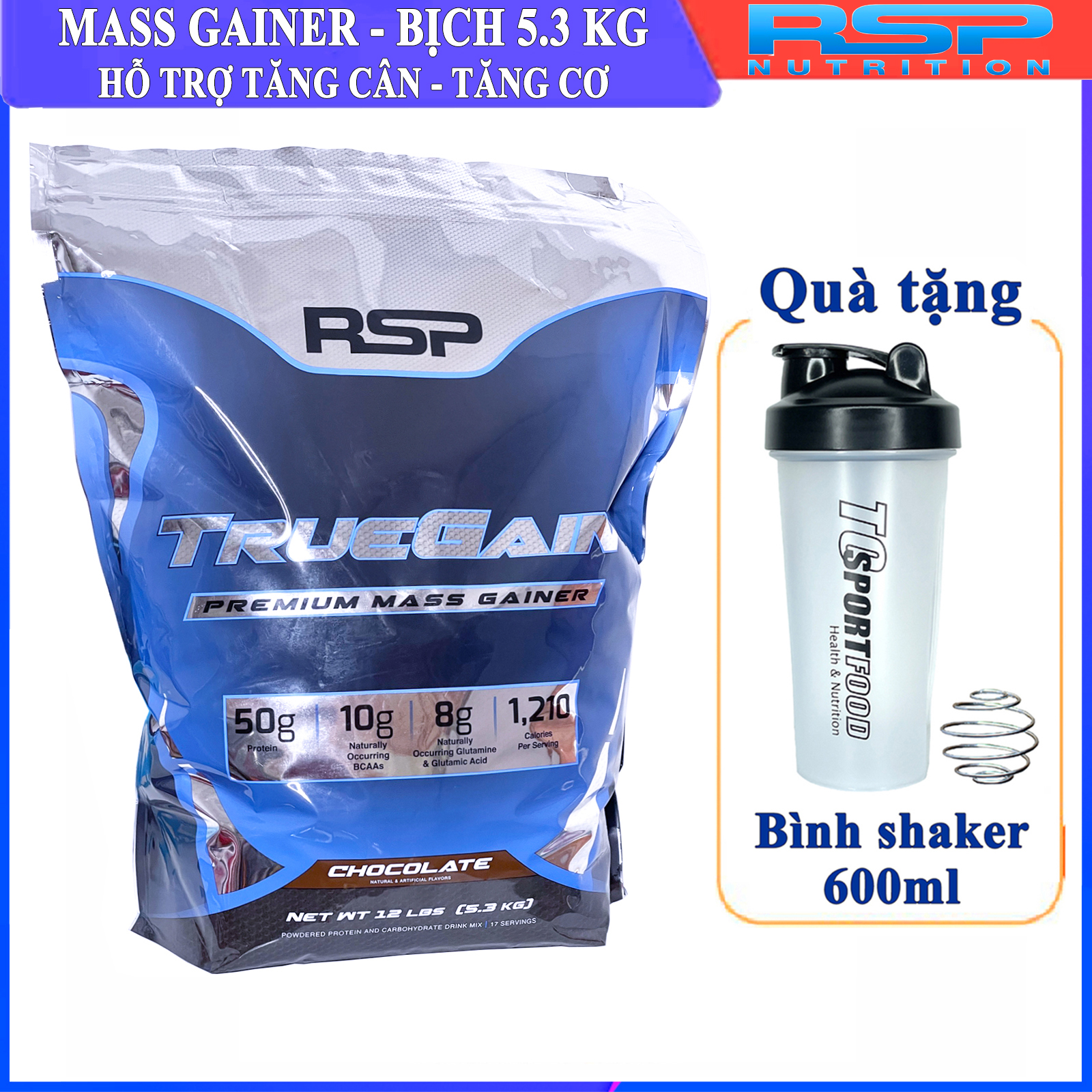 Combo Sữa tăng cân tăng cơ True Gain của RSP hương Chocolate bịch lớn 5.3kg hỗ trợ tăng cân tăng cơ nhanh cho người gầy, kén ăn, khó hấp thu & Bình lắc 600ml (Mẫu ngẫu nhiên)