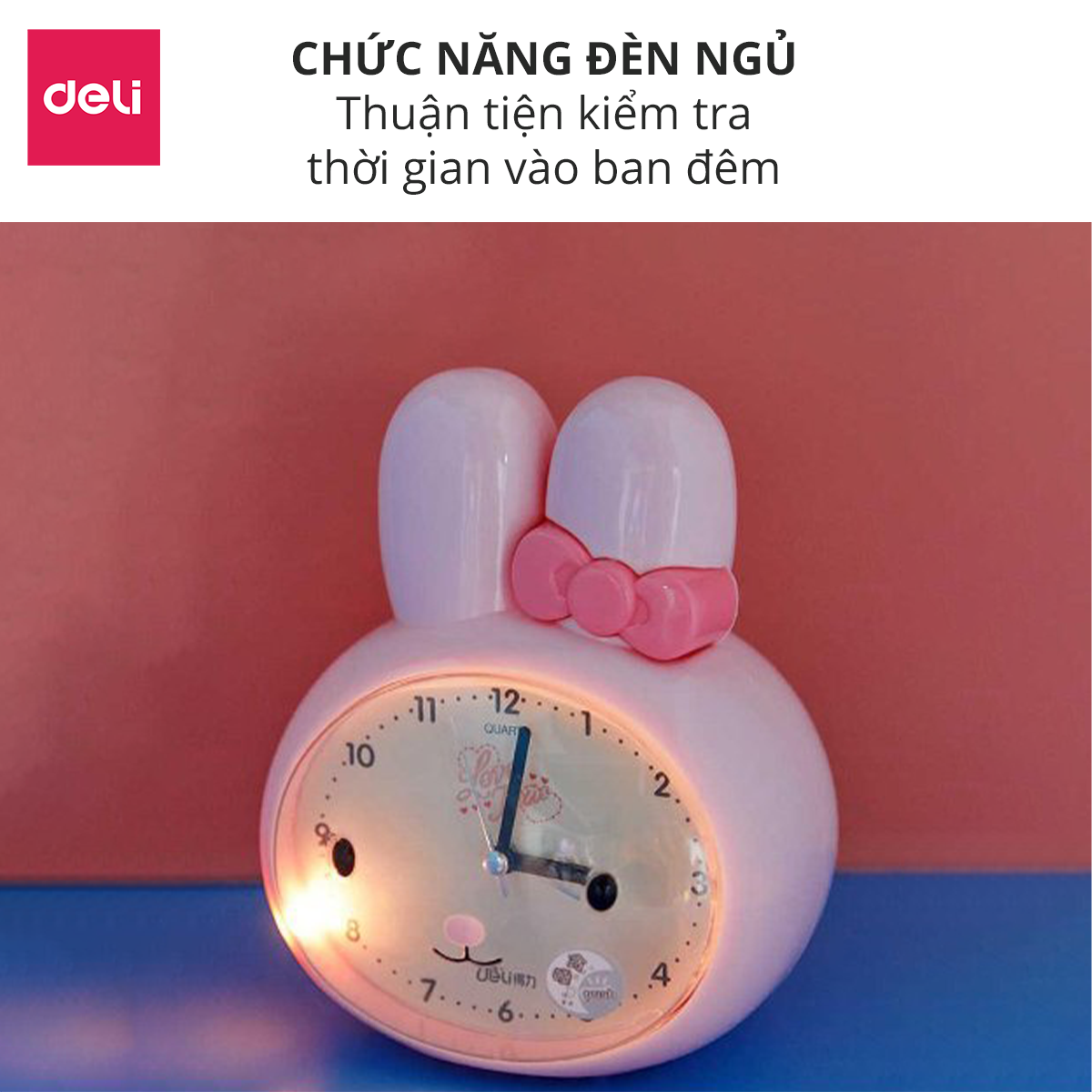 Đồng hồ báo thức thỏ hoạt hình Deli - Trắng/ Xanh/ Hồng - 8803