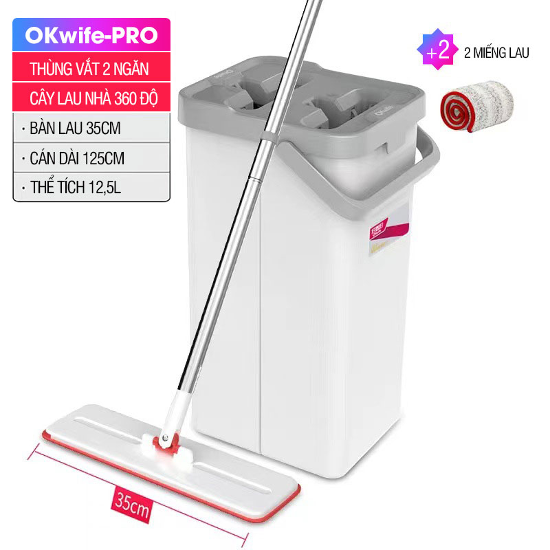 Bộ lau nhà cao cấp OKwife PRO N01 có thùng lau nhà 2 ngăn tự vắt, cây lau nhà xoay 360 độ lau sạch khô nhanh, 2 bông lau