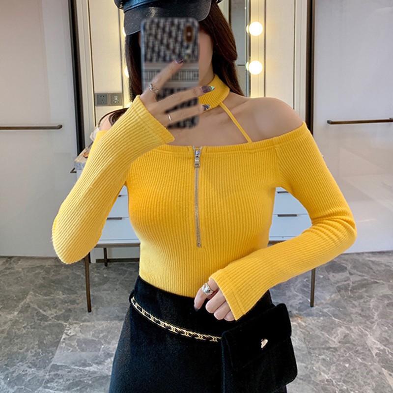 Áo dệt kim tay dài màu trơn thiết kế khoá kéo thanh lịch