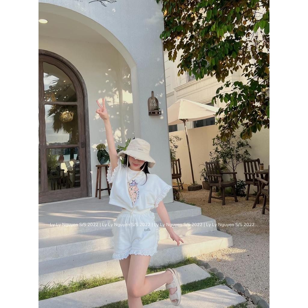 Đồ bộ đi chơi nữ Set áo croptop mix quần sooc phối viền ren bánh bèo, Áo crt tay rộng mix quần sooc viền ren cực xinh