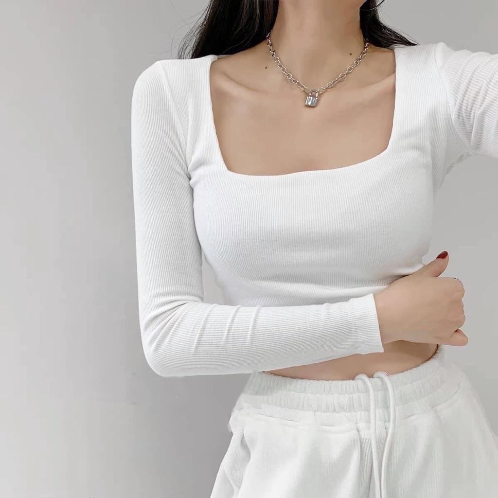 Áo thun nữ cổ vuông dài tay dáng croptop siêu xinh thời trang Banamo Fashion 3112