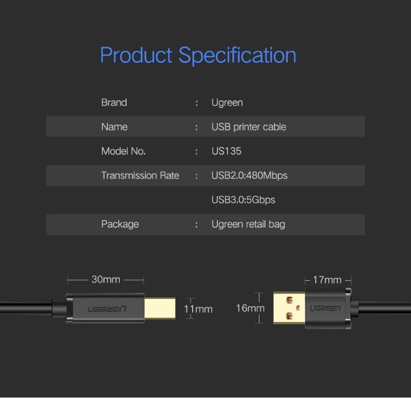 Ugreen UG20847US135TK 2M màu Đen Cáp USB 2.0 sang USB B máy in đầu mạ vàng - HÀNG CHÍNH HÃNG