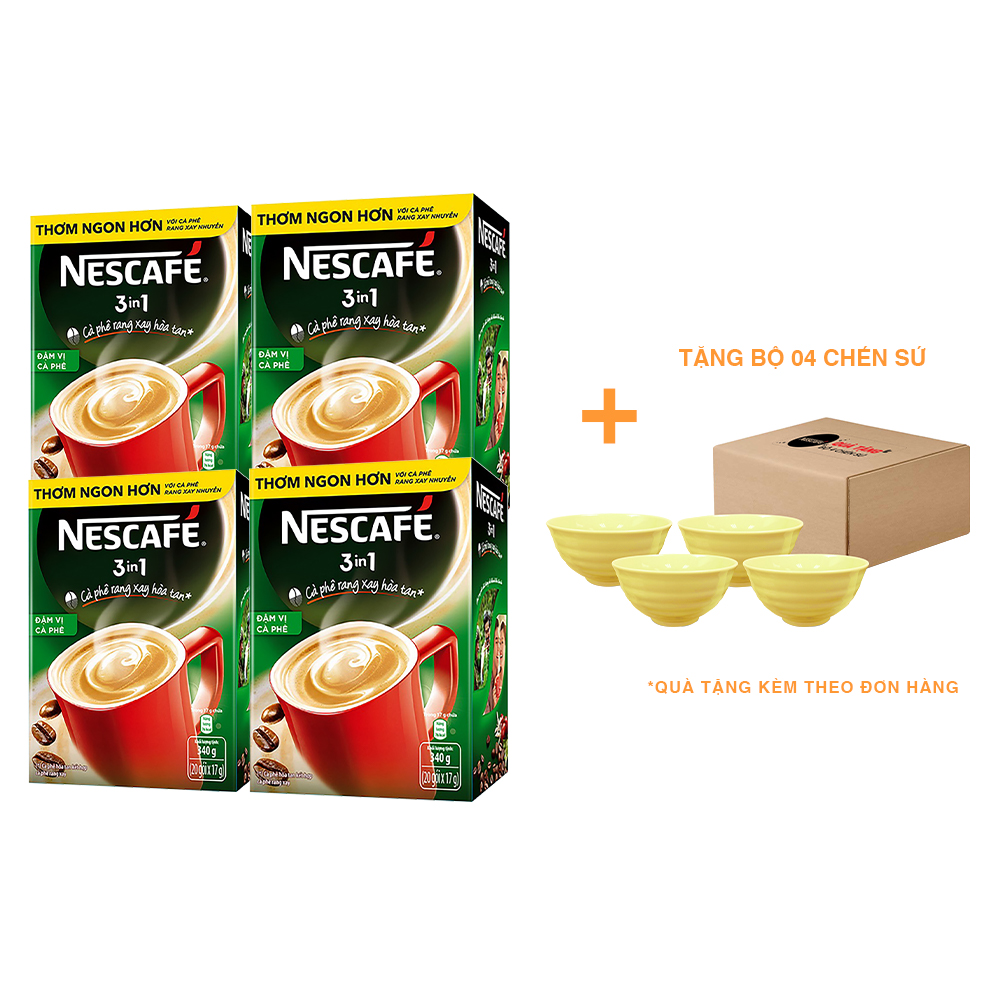 Combo 4 hộp NESCAFÉ 3IN1 Công thức cải tiến - Vị rang đậm  - Hộp 20 gói x 16g - [Tặng bộ 4 chén sứ Nescafé]