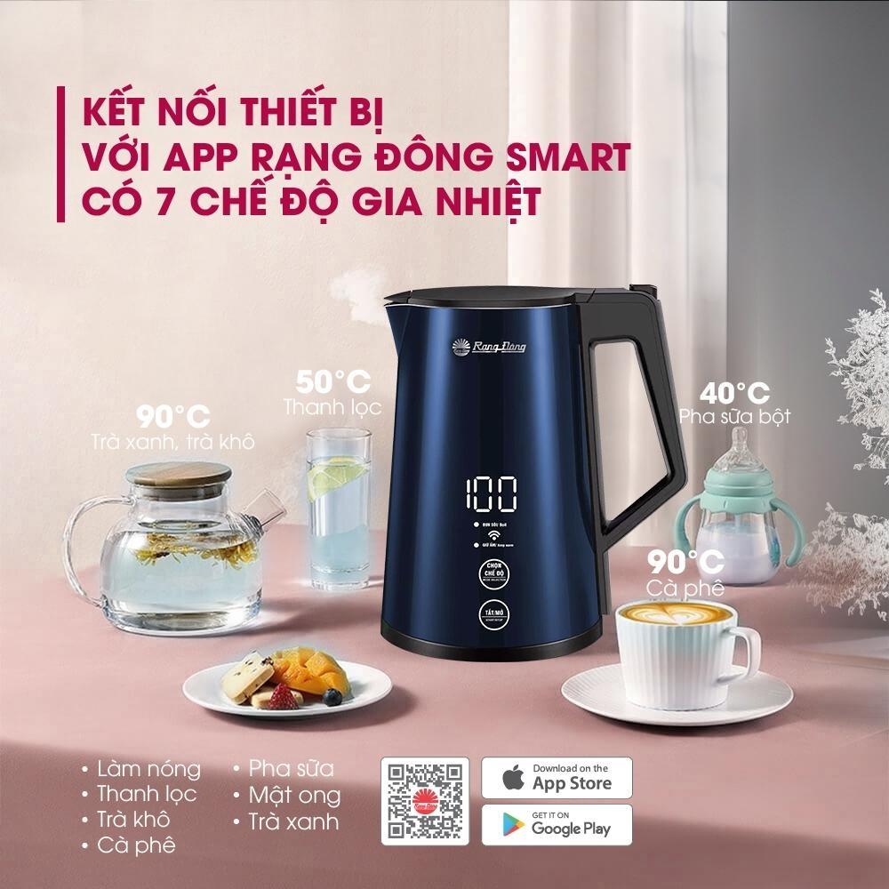 Ấm đun siêu tốc thông minh Rạng Đông Rạng  1,7L model AST17P1.S điều khiển qua app điện thoại, cài đặt hẹn giờ