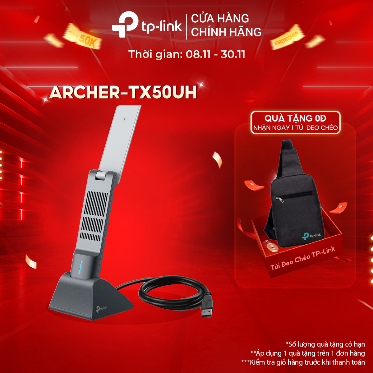 Bộ Chuyển Đổi USB WiFi TP-Link Archer TX50UH WiFi Độ Lợi Cao AX3000 - Hàng Chính Hãng