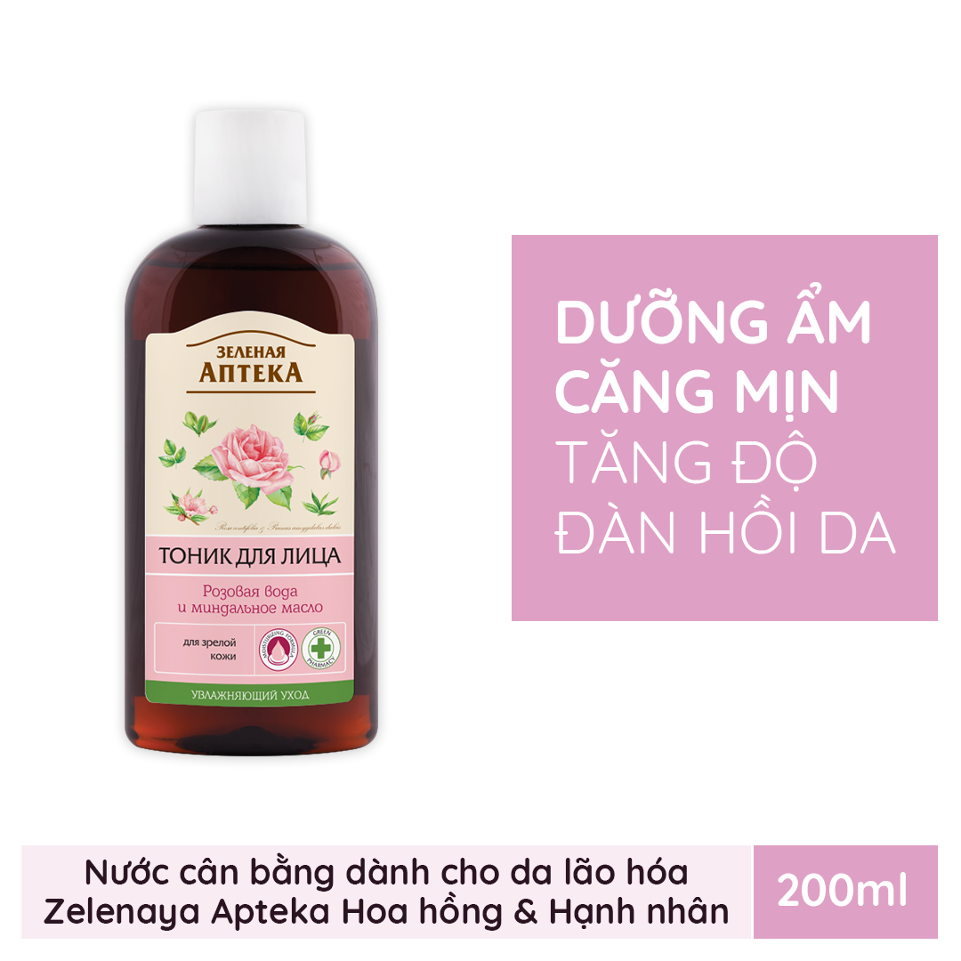 Nước cân bằng dành cho da có dấu hiệu lão hóa Zelenaya Apteka Hoa hồng và dầu hạnh nhân 200ml