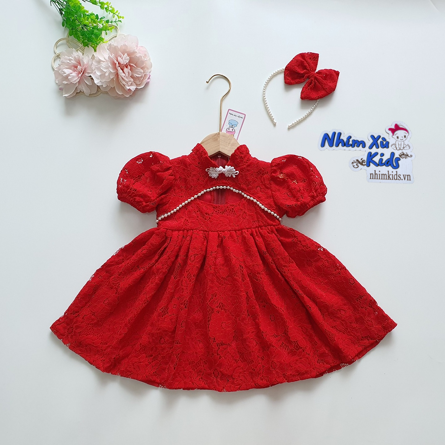 Váy Đỏ Ren Cổ Tàu Cho Bé Gái 4 - 18kg Tay Ngắn Xinh Xắn