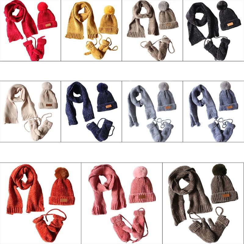 3 Trong 1 Tập Đi Trẻ Em Mùa Đông Gân Đan Mũ Ấm Áp Khăn Găng Tay Bộ Đồng Màu Bò Bộ Đội Khăn Choàng Găng Tay Hở Ngón Có dây 2-8T