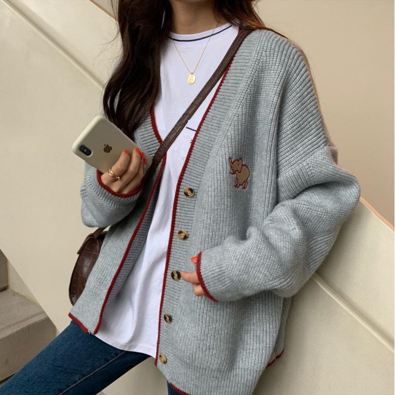 MS334 Áo khoác cardigan len nữ viền màu cổ tim thêu voi