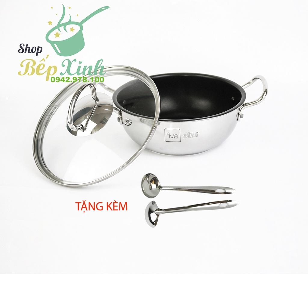 Nồi inox kho cá thịt chống dính bếp từ Fivestar  nắp kính , 3 đáy , inox 430 , tặng 1 vá canh