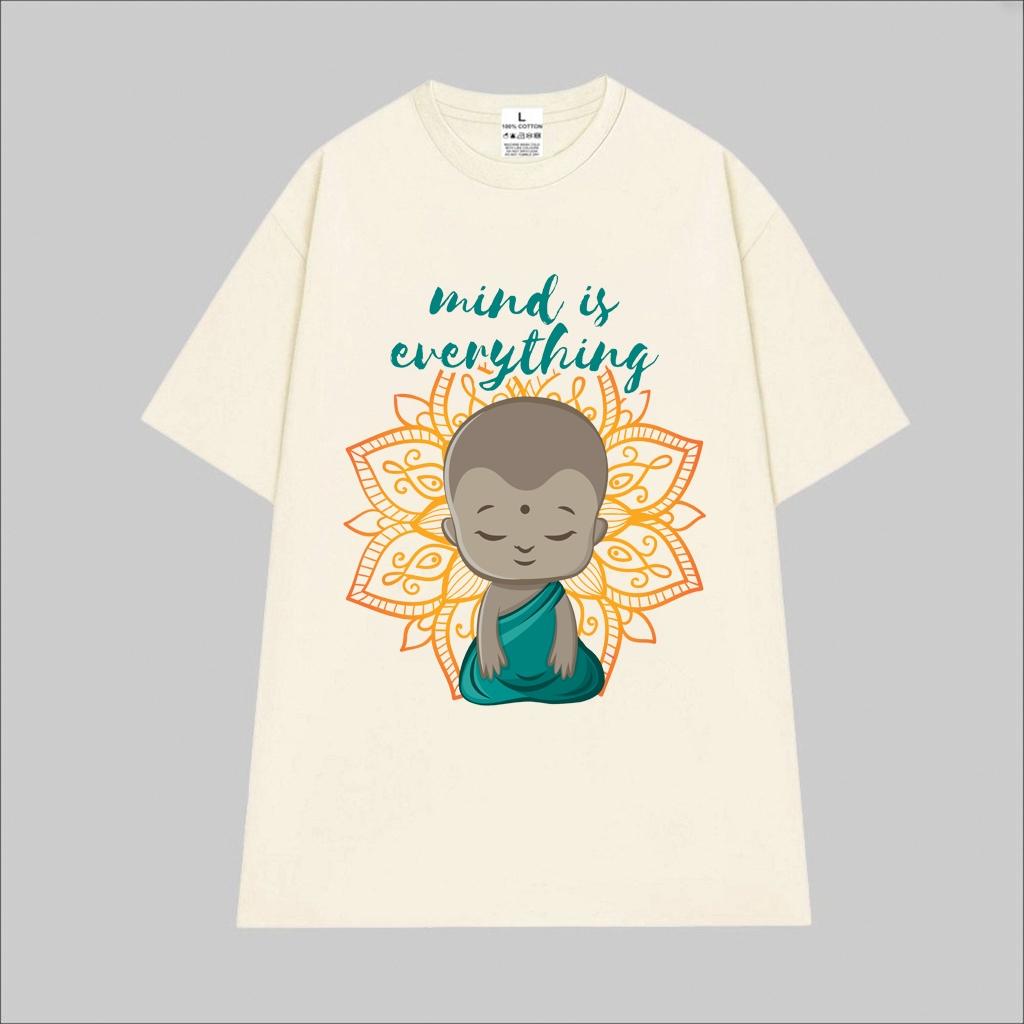 Cao cấp - Áo thun oversize câu chữ Mind Is Every Thing hình Giác Giả ngồi thiền nền hoa Sen BND548