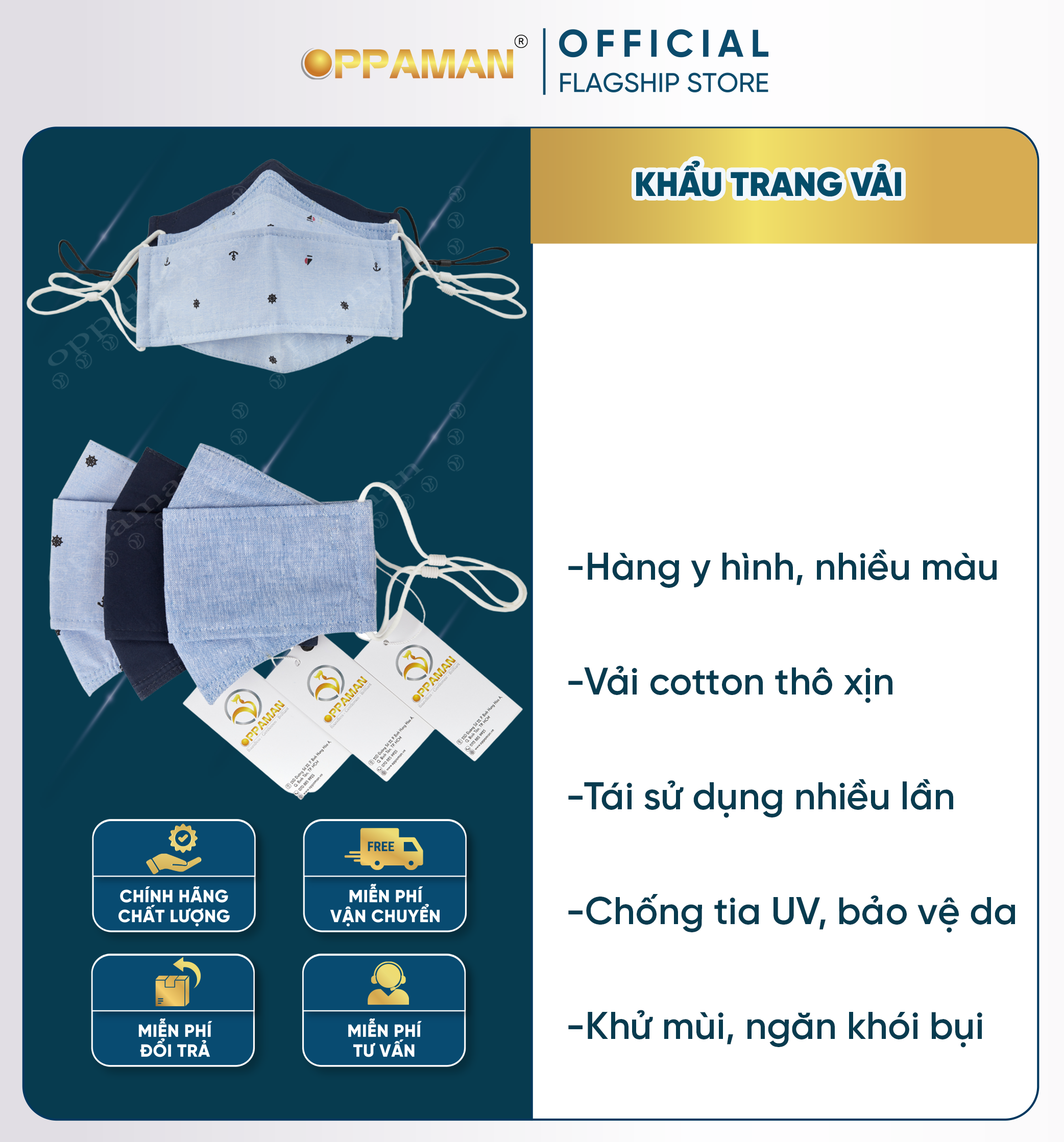 Khẩu trang vải nam nữ xếp nhật oppaman trơn basic xanh biển OKT3