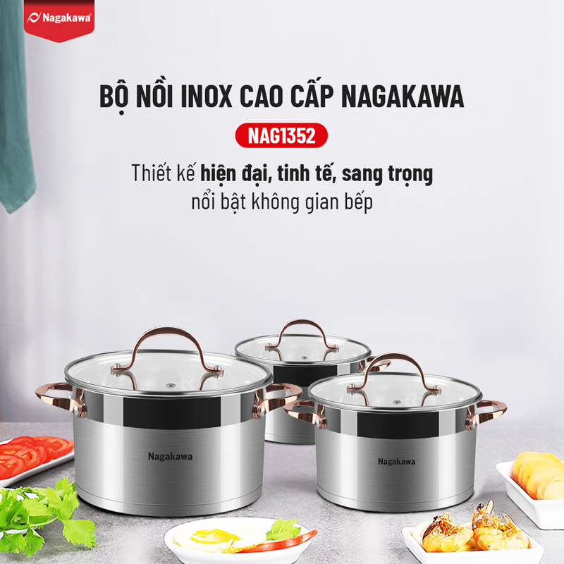 Bộ 3 Nồi Inox 304 Đáy Từ 5 Đáy Nagakawa NAG1352 (16cm, 20cm, 24cm) - Hàng Chính Hãng 