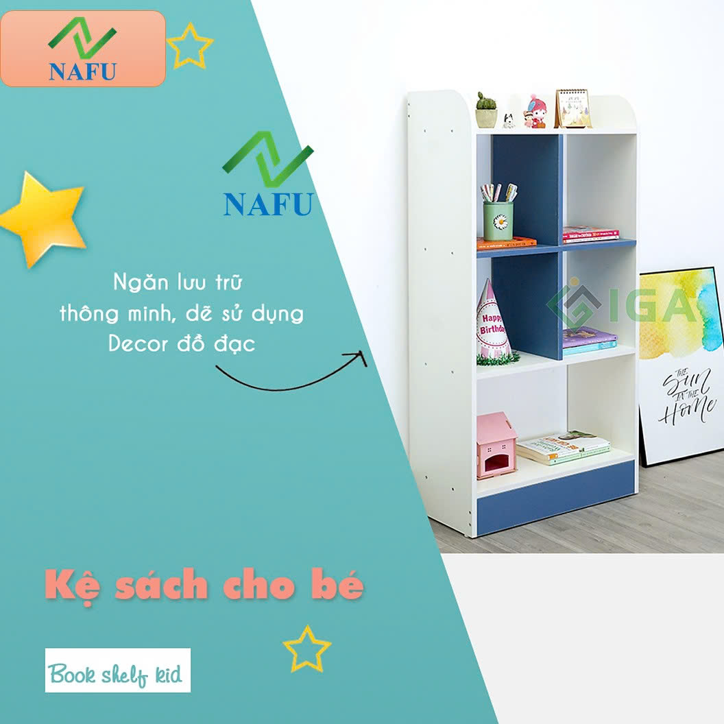 Kệ Sách, Tủ Sách Cho Bé Dễ Thương Tông Màu Trắng Xanh Tươi Sáng  GP139