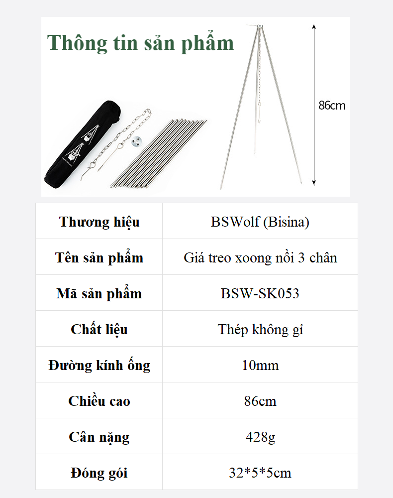 Giá treo xoong nồi 3 chân cắm trại dã ngoại BSW-SK053