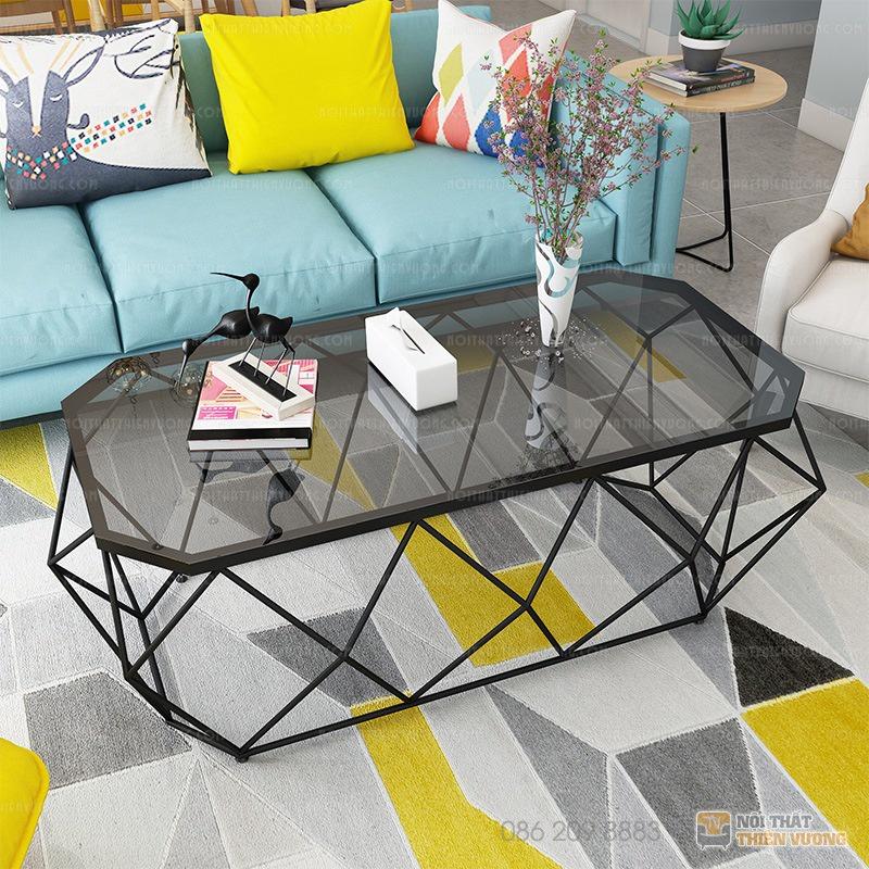 Bàn trà sofa mặt đá dài khung kim cương chân bằng khung kim loại sơn tĩnh điện