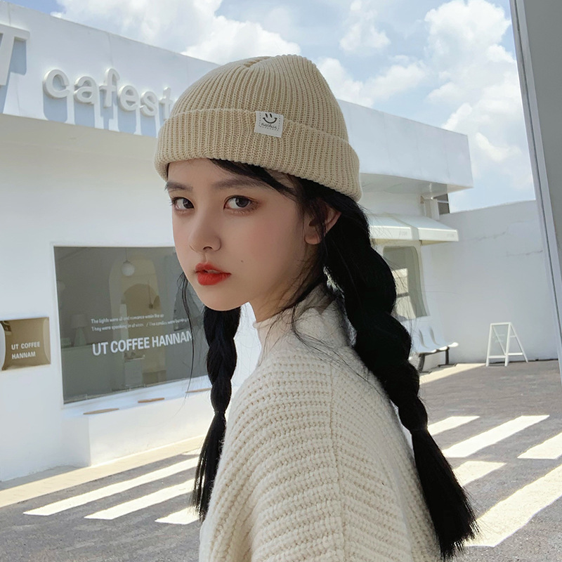 ￼Mũ Nón Len beanie Trùm Đầu nam, nữ họa tiết mặt cười nhỏ Phong Cách Năng Động Chất Lượng Cao Màu Be