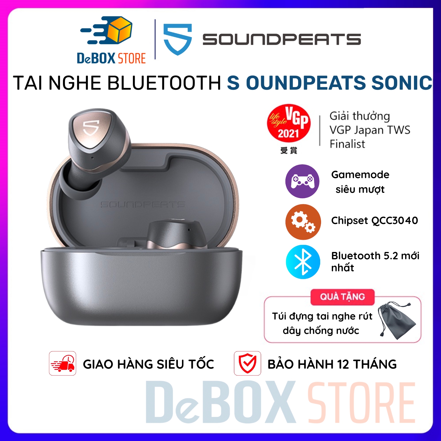 Tai nghe True Wireless SoundPEATS Sonic Mirroring Qualcomm QCC3040 &amp; Bluetooth 5.2, Game Mode - Hàng Chính Hãng