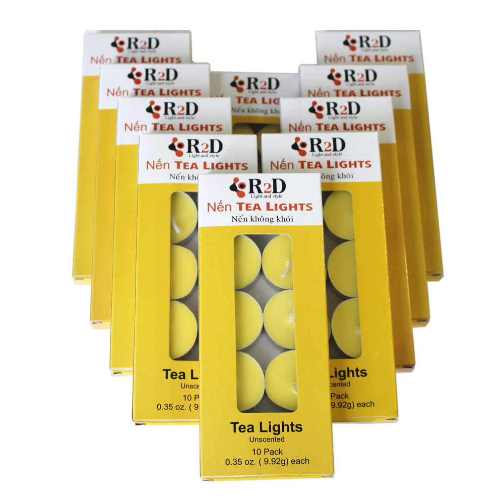 COMBO 10 HỘP NẾN TEALIGHT - VÀNG - ĐẾN TỪ THƯƠNG HIỆU R2D, LÀM TỪ SÁP CỌ, DẦU DỪA, TINH DẦU, THÀNH PHẦN TỰ NHIÊN, LÀNH TÍNH.