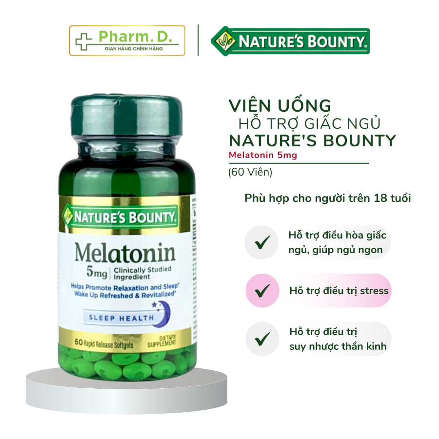 Viên uống hỗ trợ đều hòa giấc ngủ, giảm stress NATURE'S BOUNTY Melatonin 5mg (60 Viên)