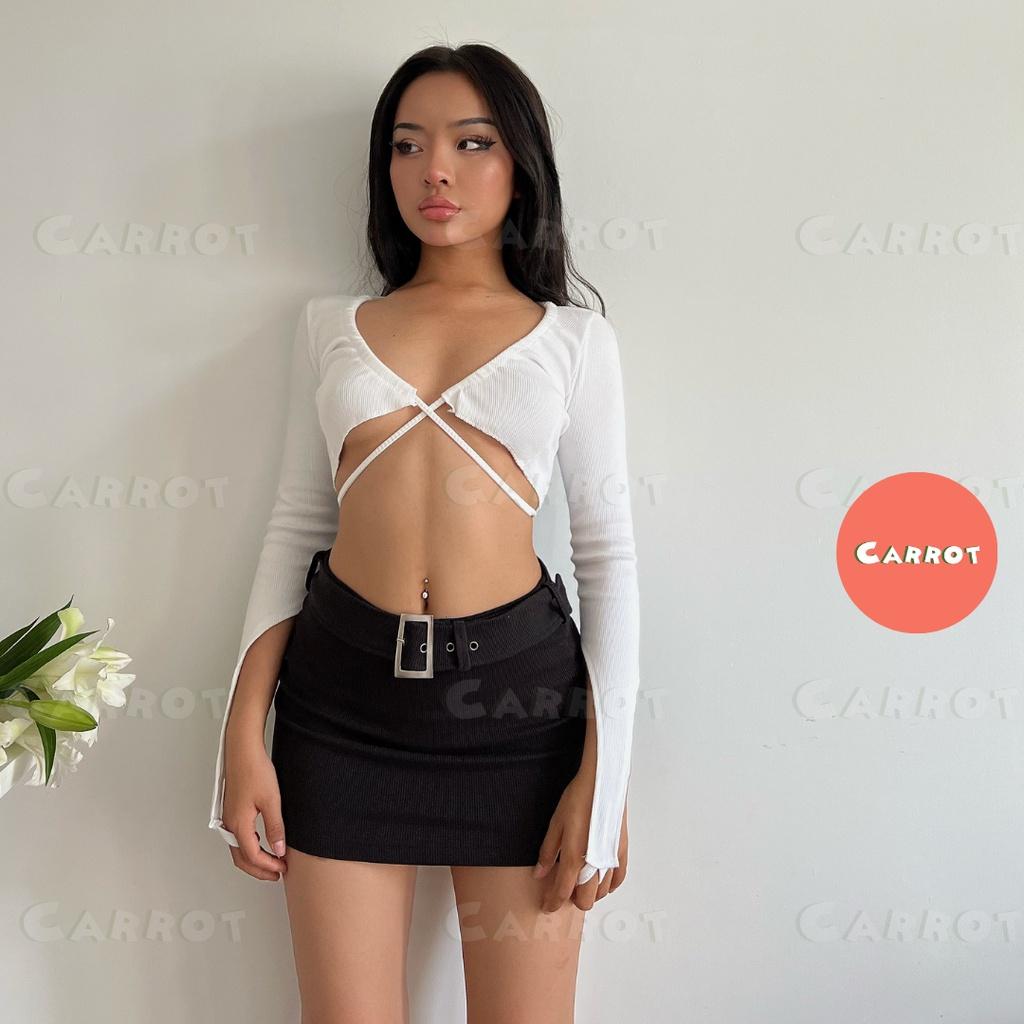 Áo croptop tay dài sexy trắng thiết kế chân váy đen basic ôm eo tôn dáng trendy thời trang nữ carrotxinhdep