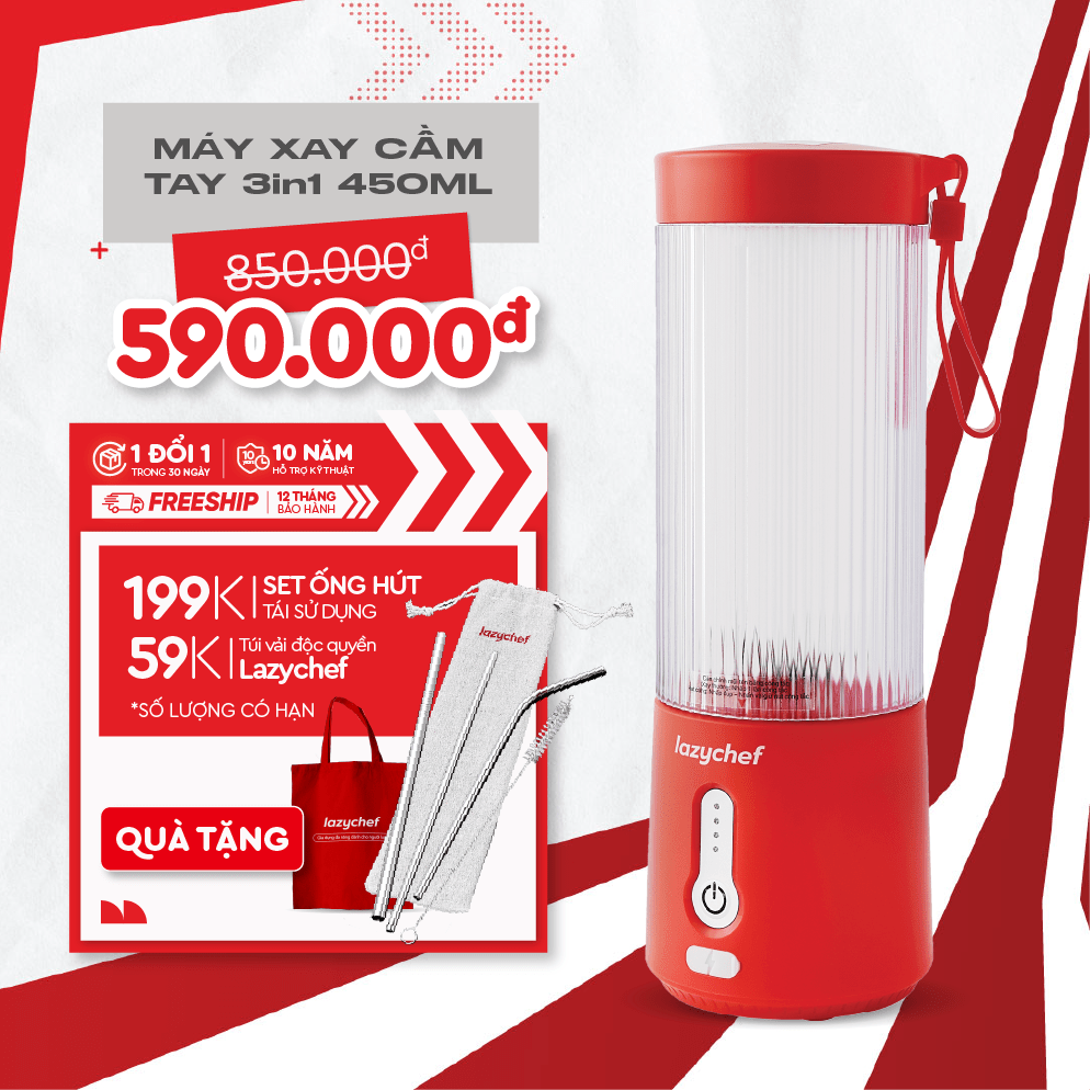 Máy Xay Cầm Tay 3In1 Sạc Pin Tiện Lợi Lazychef - Máy Xay Đa Năng Sạc Điện, Máy Xay Sinh Tố Trái Cây, Máy Xay Cầm Tay, Hàng Chính Hãng - Đỏ