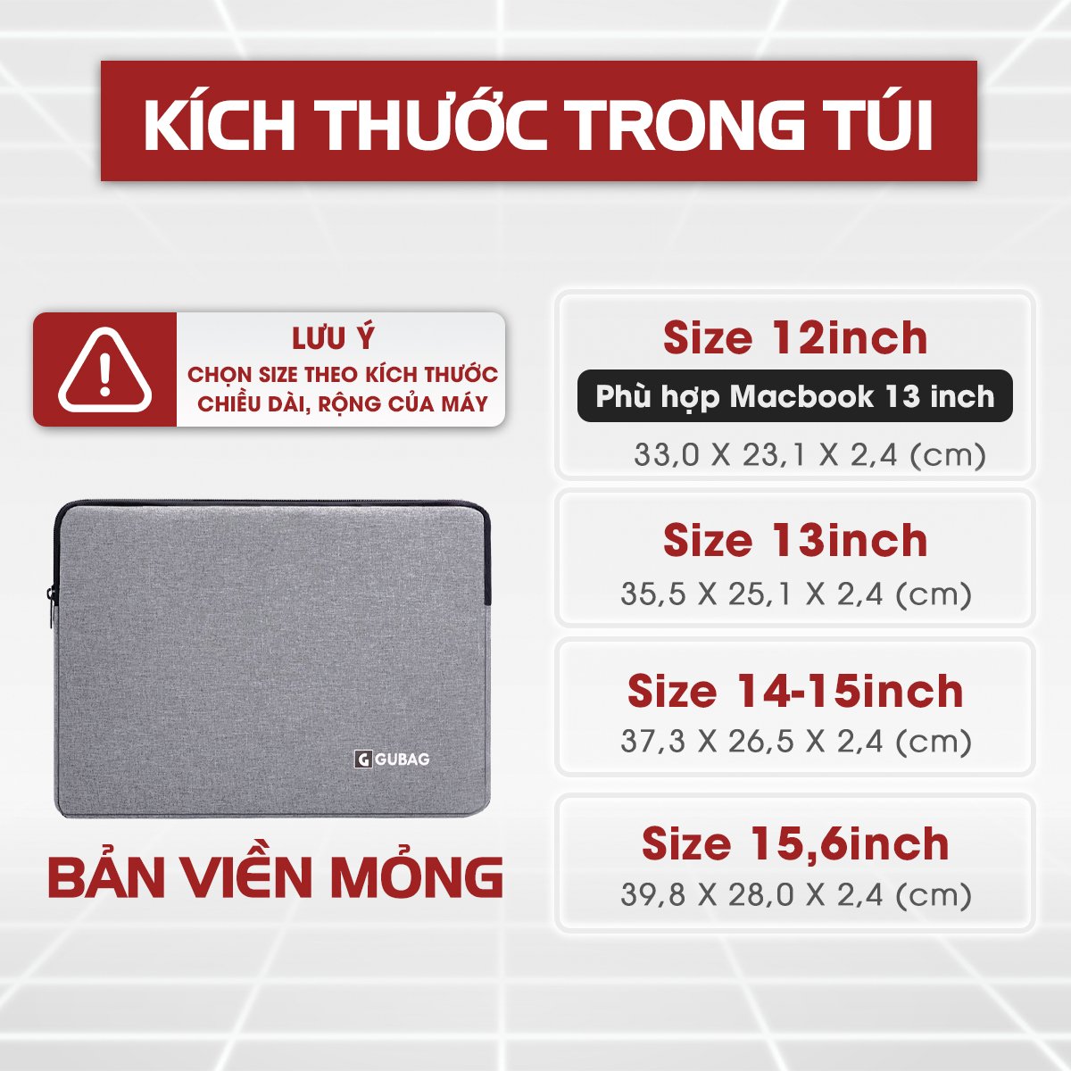 Túi chống sốc đệm viền dày GuBag, đựng vừa các dòng laptop, chống nước, chống xước