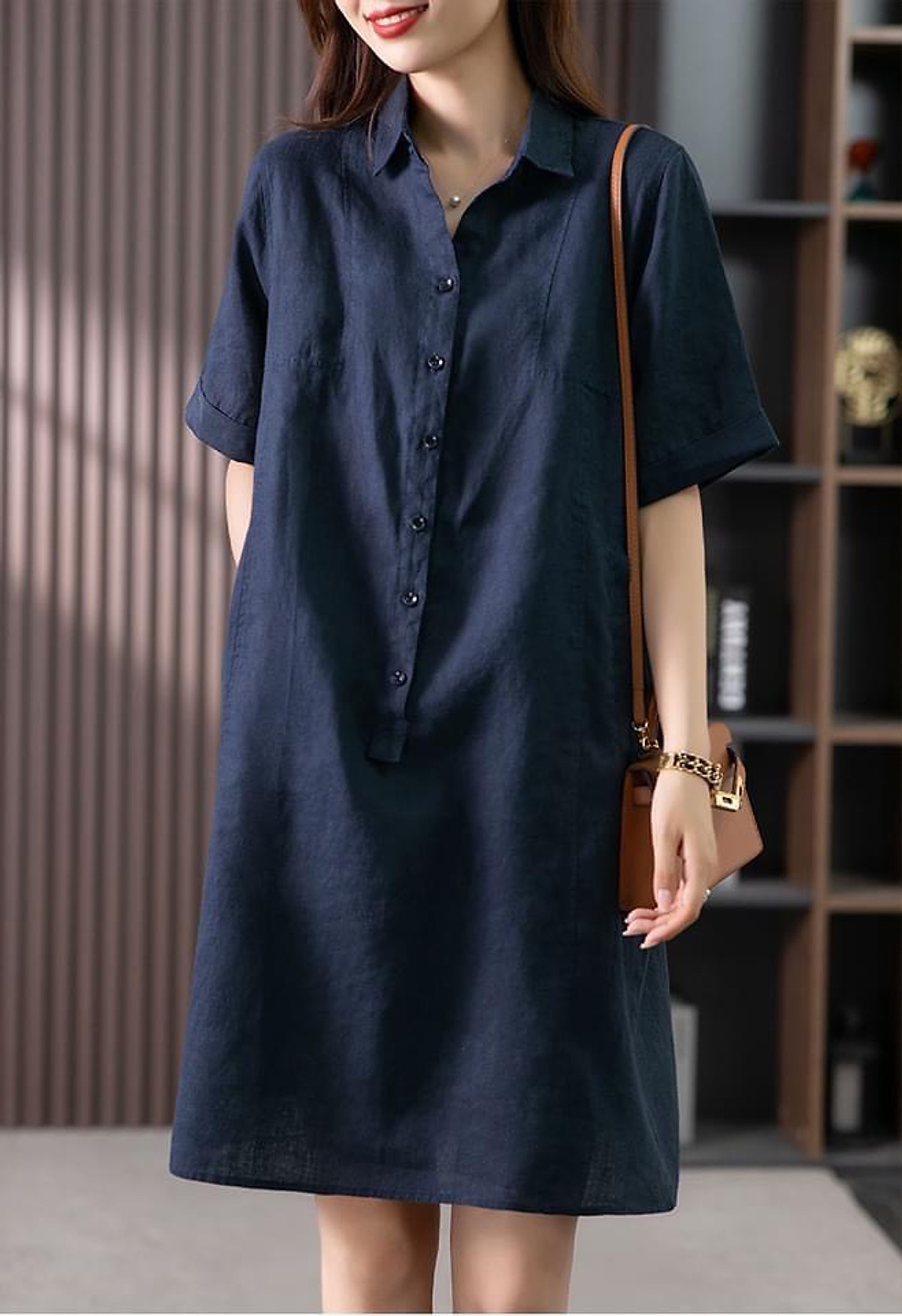 Đầm suông công sở Linen bột Premium cổ đức túi bổ cơi - Xanh than