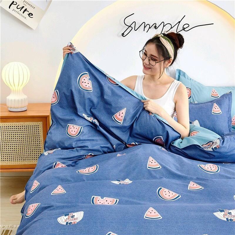 Bộ chăn ga Cotton Poly M2T bedding, chăn ga hàn quốc họa tiết dưa hấu xanh miễn phí bo chun