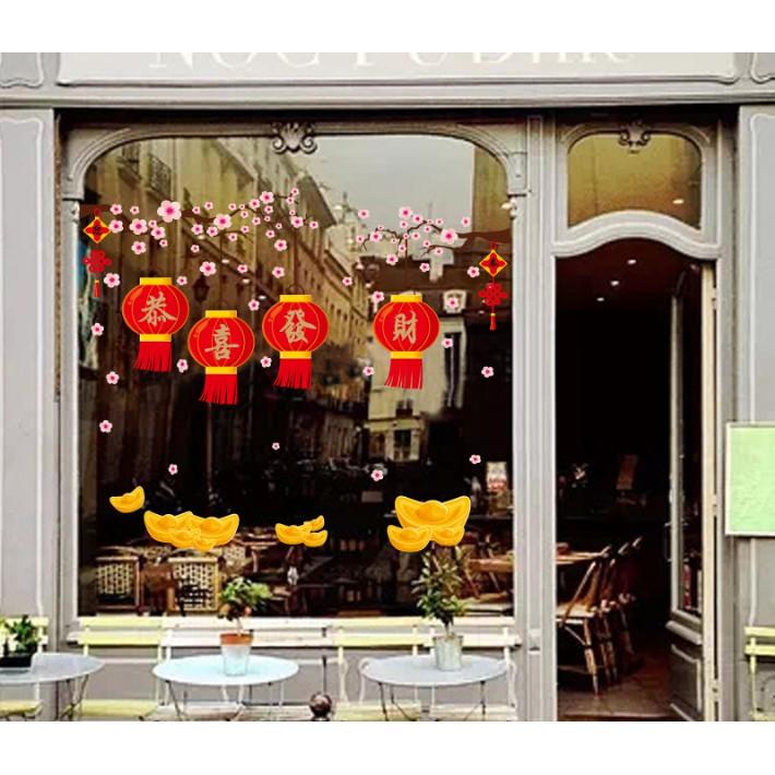 Decal trang trí Tết - Lồng đèn đỏ và nén Vàng chúc Xuân