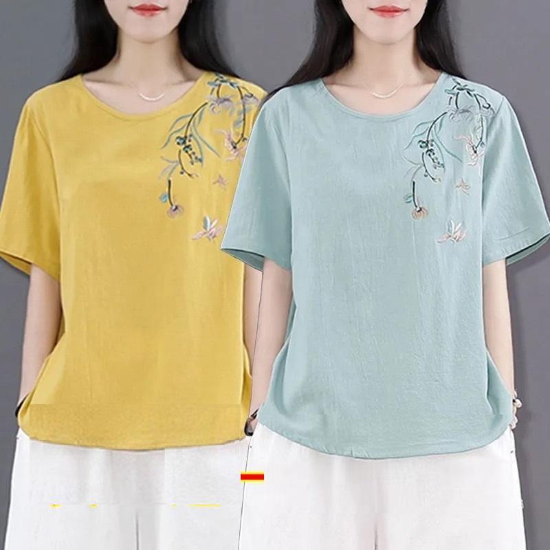 Áo trung niên nữ cộc tay in hoa, Áo đủ size chất vải mát mịn Đũi Việt A18