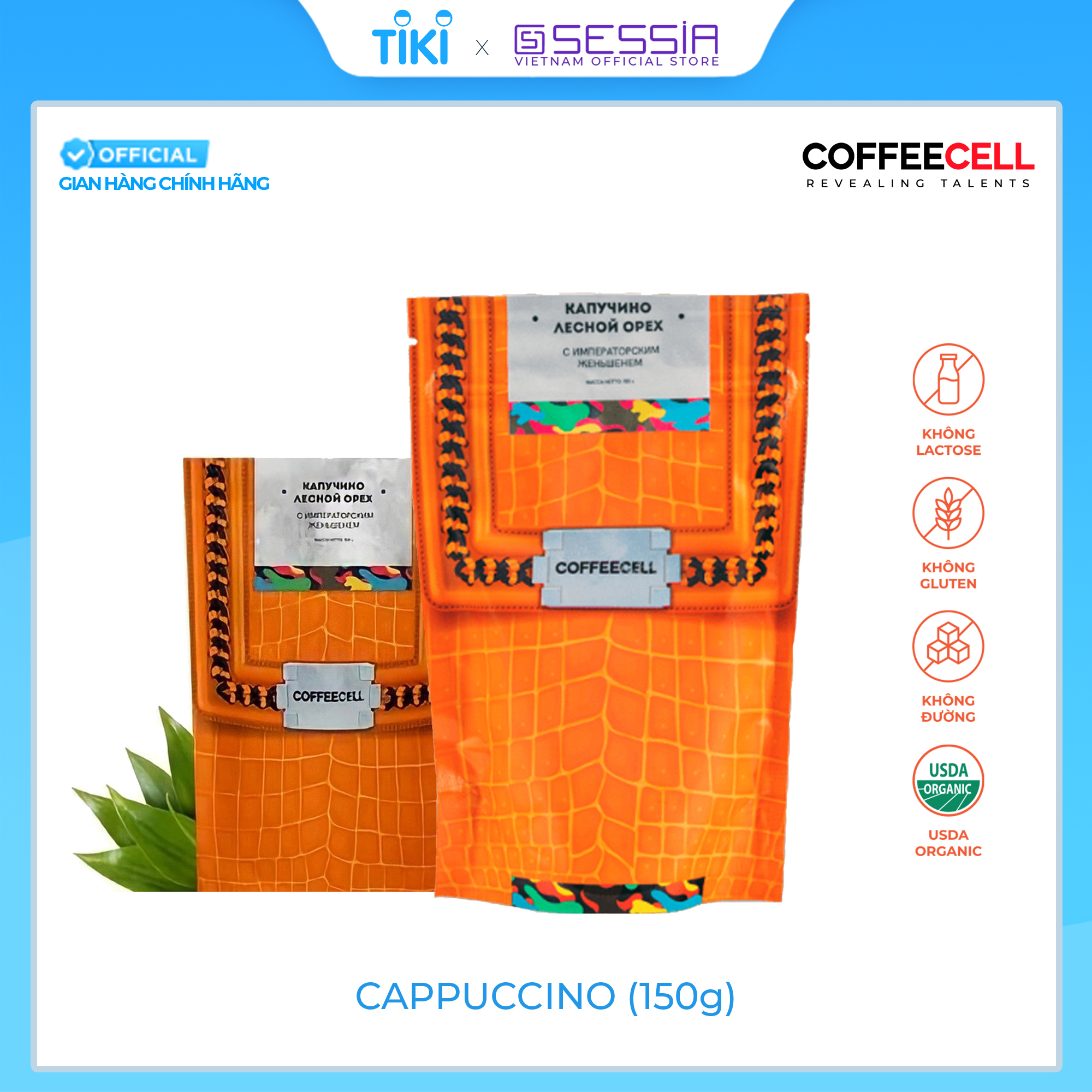 Cà Phê Cappuccino Vị Hạt Phỉ Với Nhân Sâm Trắng Thượng Hạng COFFEECELL (Gói 150g) - Mùi thơm nhẹ nhàng, Vị cà phê đậm đà, Bọt sữa bồng bềnh - Hàng Chính Hãng