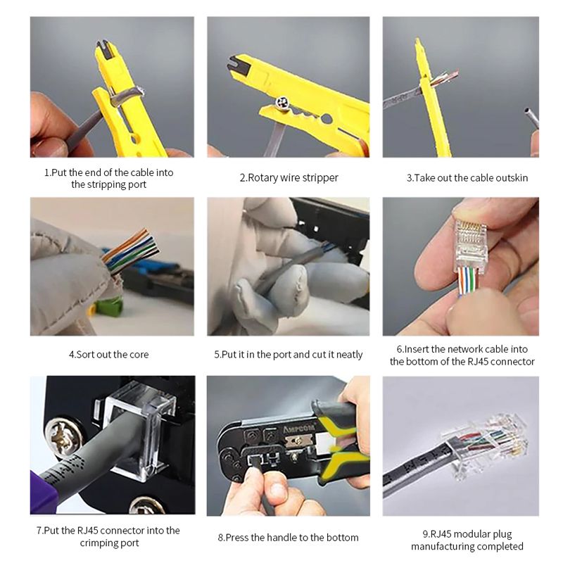 Kìm Bấm Dây Mạng Đa Năng AMPCOM AM-568R, Kèm tool tuốt dây và lưỡi dao - Hàng chính hãng