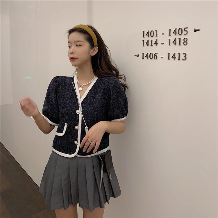 Áo croptop kiểu nữ đẹp tay ngắn Hàn Quốc tiểu thư cổ chữ V Yukibloom AK06