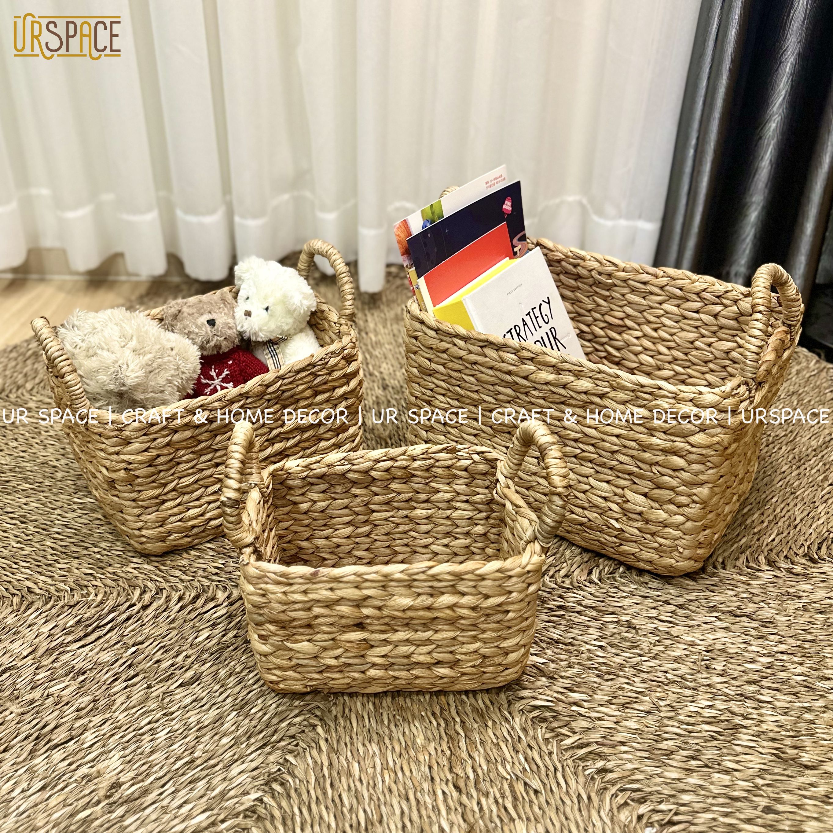 Giỏ lục bình chữ nhật có quai URSPACE đựng sách báo, đồ chơi, trang trí đa năng/ HYACINTH STORAGE RECTANGLE BASKET