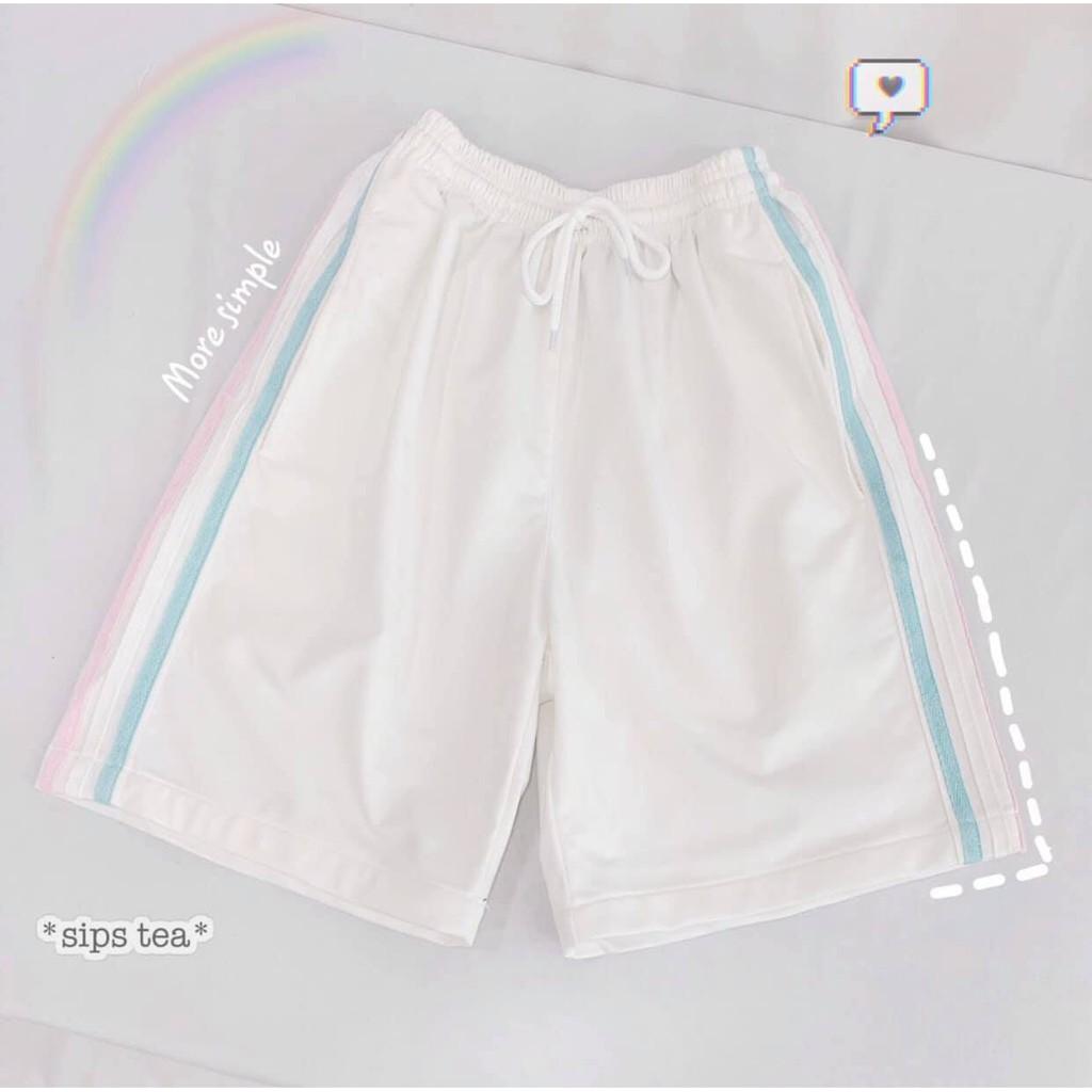 Quần Short Đùi 3 Sọc RAINBOW PEONYB Unisex ống rộng cạp chun trơn màu ĐEN | TRẮNG | XANH 