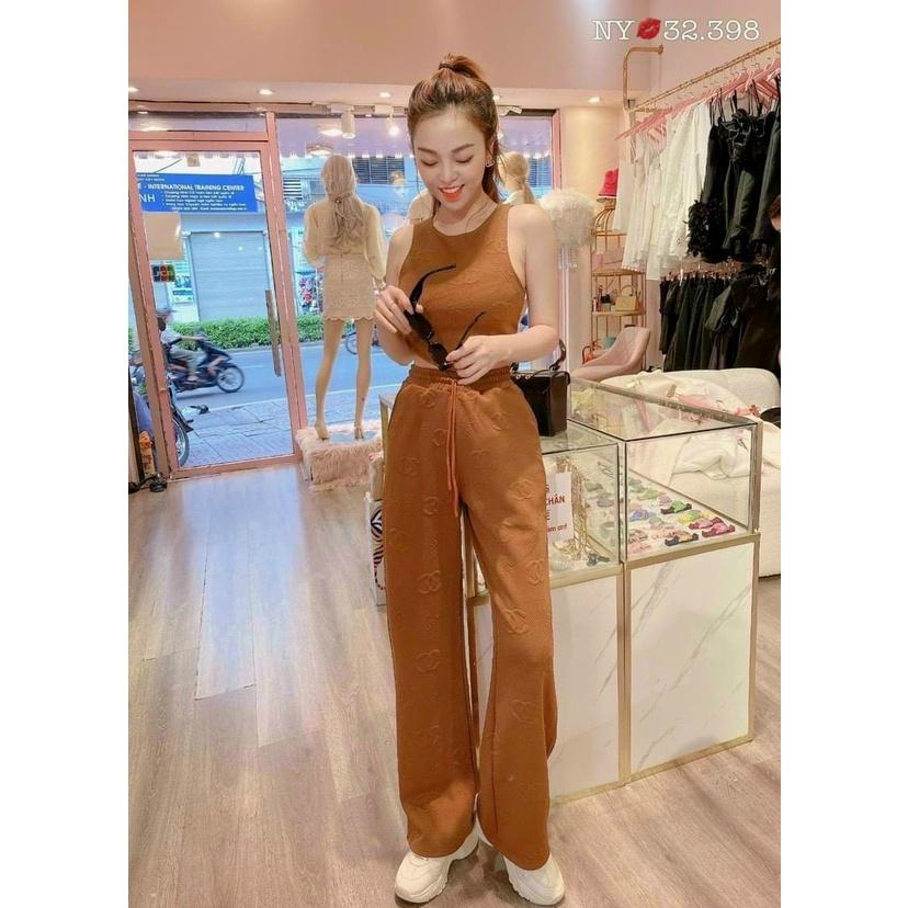 SET BỘ ÁO CROPTOP SÁT NÁCH CỔ TRÒN MIX QUẦN ỐNG SUÔNG CỰC KÌ NĂNG ĐỘNG MÀ KO KÉM PHẦN SEXY NHA MẤY CHẾ IU - Brown