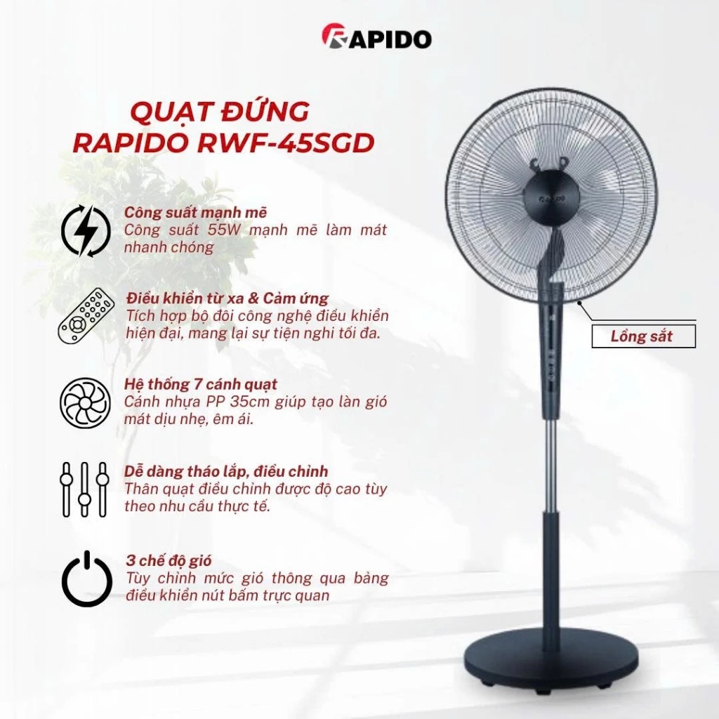 Quạt đứng Rapido RWF – 45SGD có điều khiển từ xa, hẹn giờ, công suất 55W, bảng điều khiển cảm ứng - Hàng chính hãng