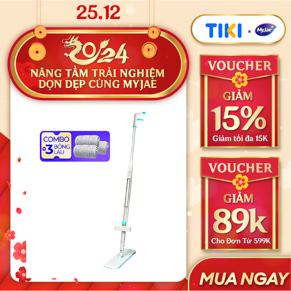 Combo 3 Bông Lau + 1 Cây Lau Nhà MyJae Sợi Microfiber Tự Vắt Phun Sương Xoay 360 Độ Thông Minh 138cm