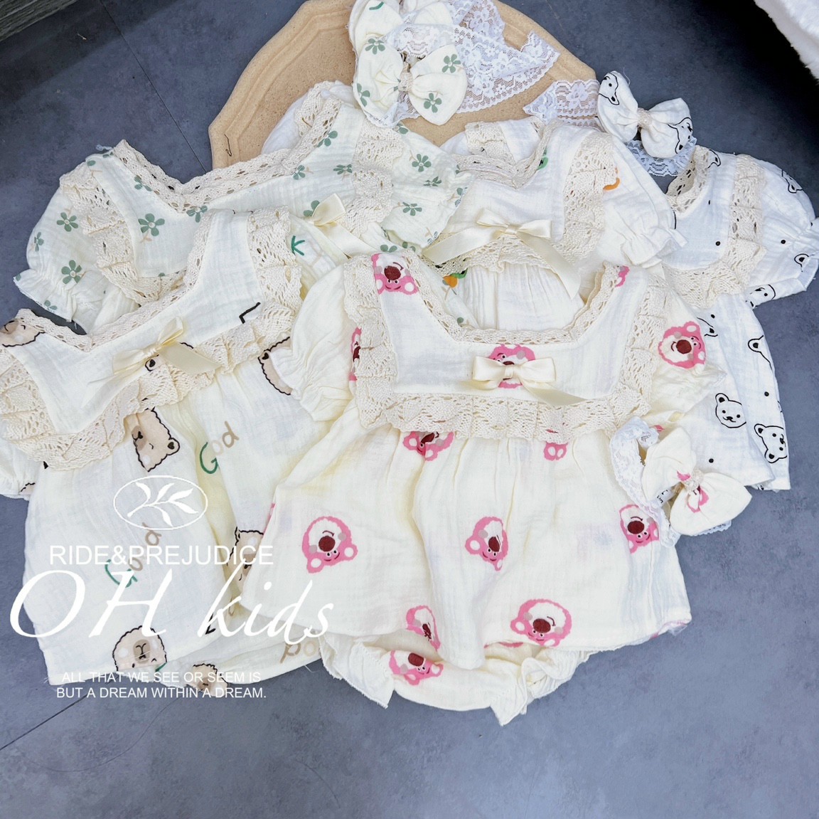 Quần áo cộc cho bé gái, quần áo ngắn vải xô muslin cánh tiên, ren điệu đà sang trọng tặng kèm băng đô theo bộ