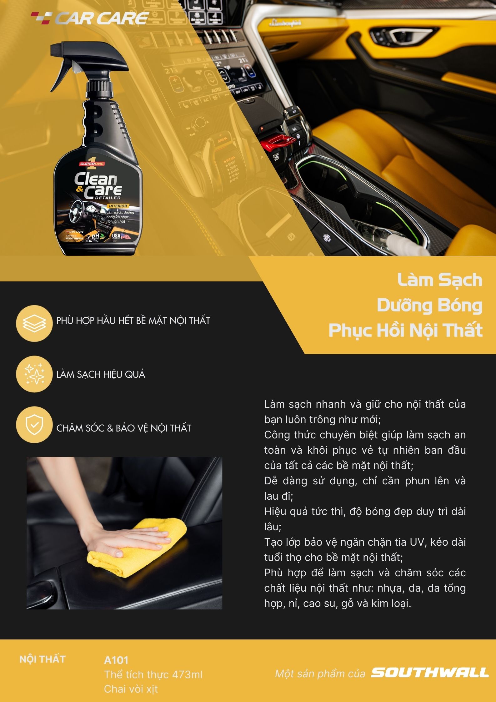 Dung Dịch Làm Sạch Và Chăm Sóc Nội Thất SUPERONE Clean And Care Detailer – Interior SOUTHWALL A101