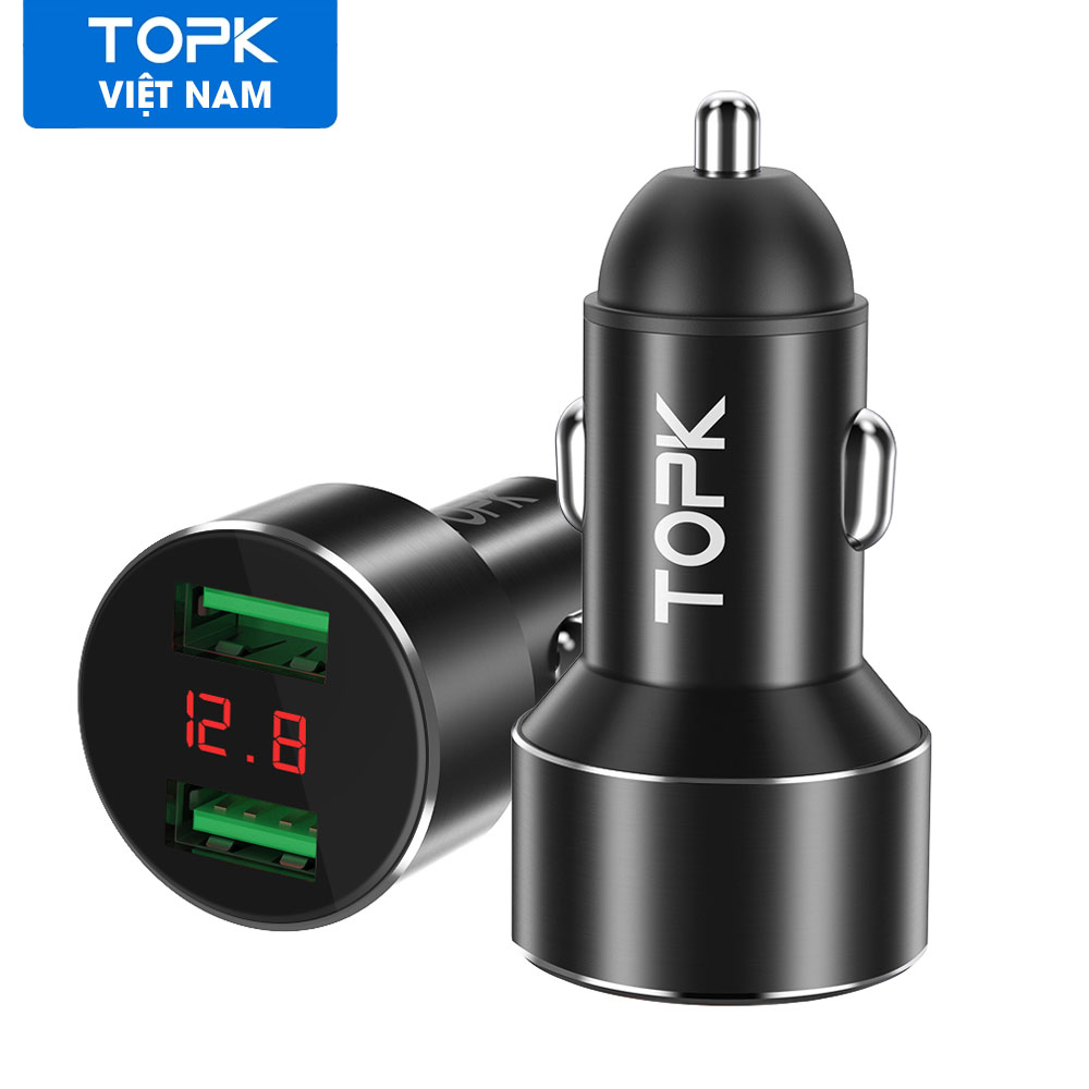 Tẩu sạc xe hơi TOPK G209 Hai Cổng USB , 2.4A, màn hình LED hiển thị, cho iPhone, Samsung, Xiaomi, Huawei - Hàng nhập khẩu