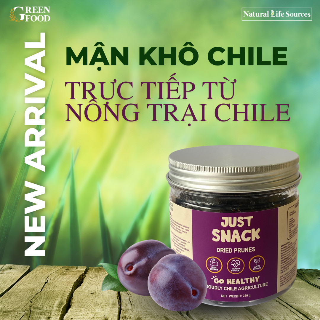 Mận Khô Chile Kích Cỡ Medium Dried Prunes Just Snack GREEN FOOD Hộp 250g - ăn vặt khỏe mạnh, không thêm đường, nhập khẩu chính hãng từ Chi-lê.