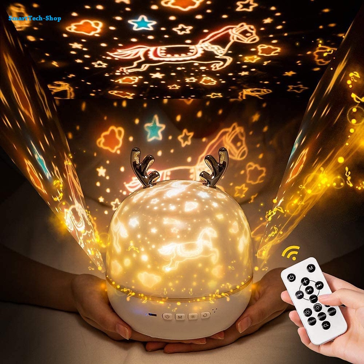 Chill Party-Đèn Chiếu Ngàn Sao 6 phong cách kiêm đèn ngủ xoay tự động, tích hợp phát nhạc bằng Bluetooth nhiều màu sắc tuyệt đẹp, sạc lại bằng USB – Kiểu sừng hươu – Phát nhạc bằng Bluetooth kết nối ĐT – Sạc USB