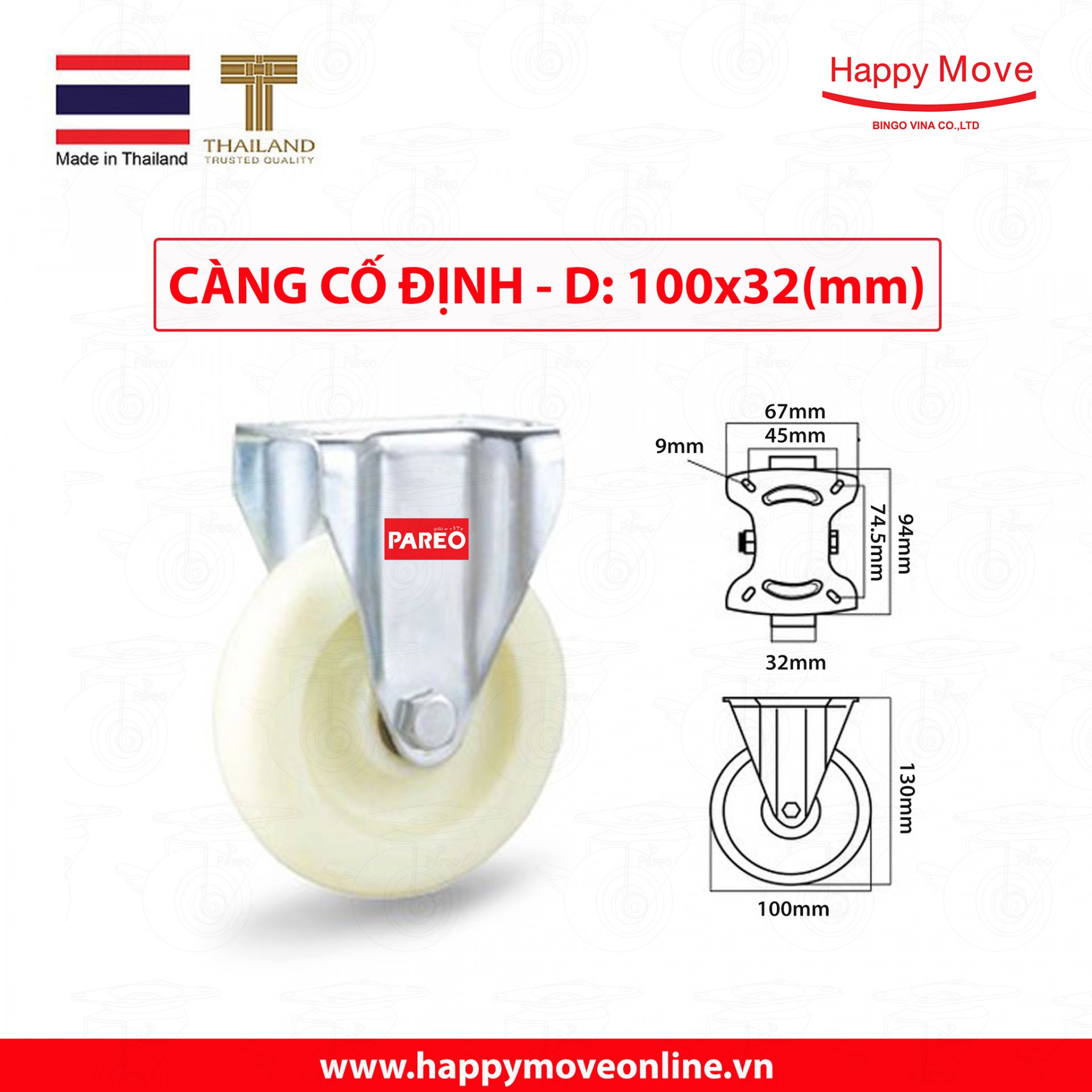 Bánh xe đẩy nhựa trắng PP Eco càng cố định 75-100-125mm - Happy Move Thái Lan