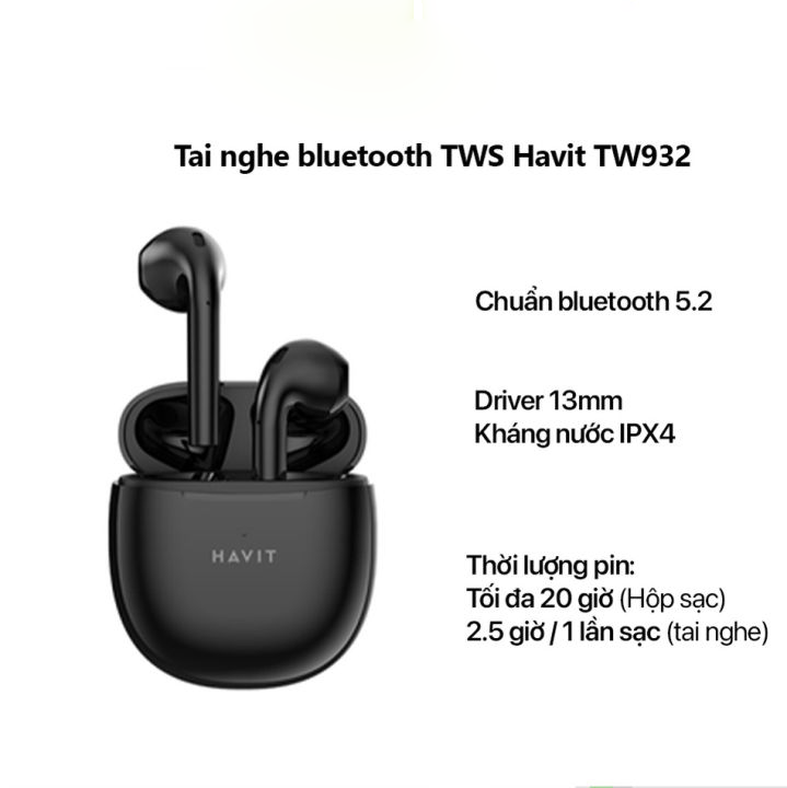 Tai nghe Bluetooth Havit TW932 Chuẩn Bluetooth 5.2 cho chất lượng kết nối ổn định trong phạm vi 10m - Hàng Chính Hãng