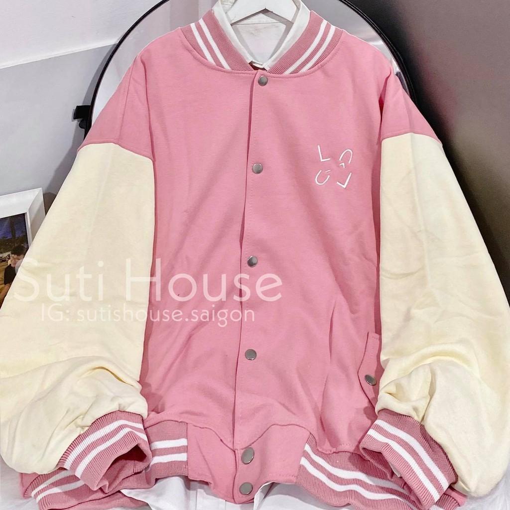 Áo Khoác Bomber LU Unisex Hồng Phối Kem Form Rộng Túi Nút Vải Dày Dặn Phong Cách Ulzzang Xinh Xắn - Suti Hous