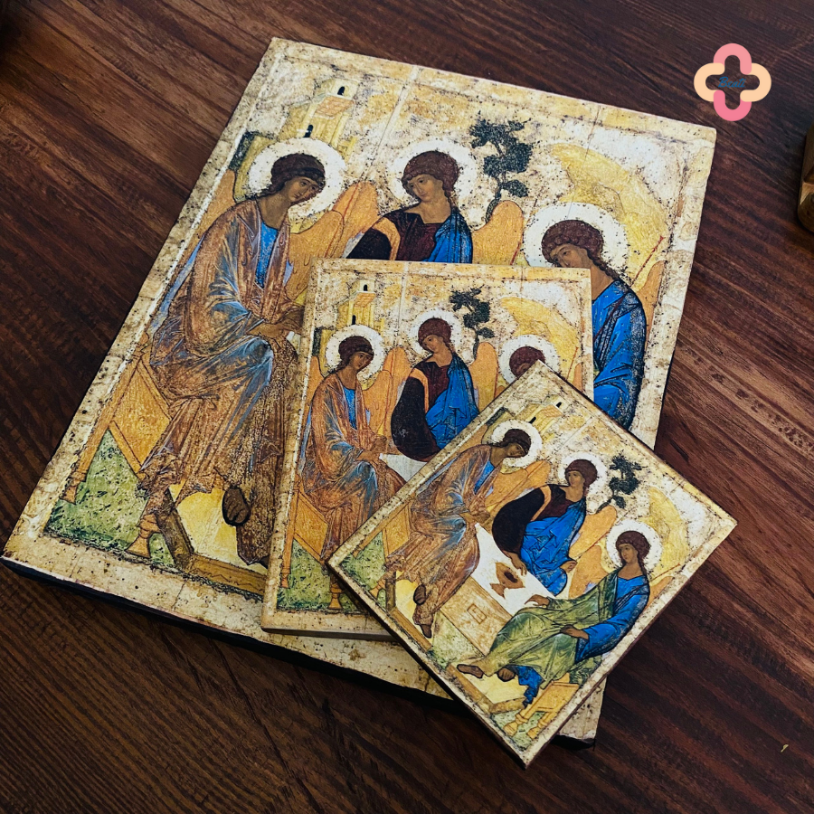 Tranh Gỗ Chúa Ba Ngôi Beati - Tranh Công Giáo Thủ Công Màu Rustic / Icon of the Holy Trinity by Andrei Rublev