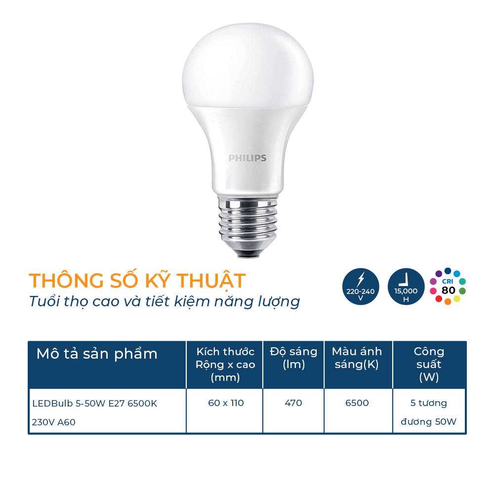 Bóng đèn Philips essential LED Bulb công suất 5W-50W, Ánh sáng trắng 6500K